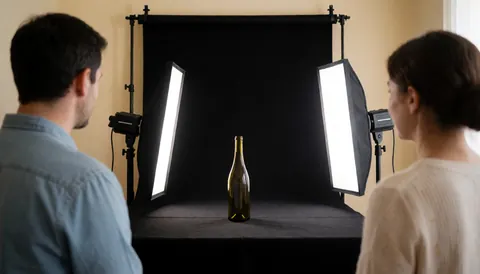 Vue arrière de deux individus observant une bouteille de vin dans un studio avec fond noir et éclairage latéral professionnel.