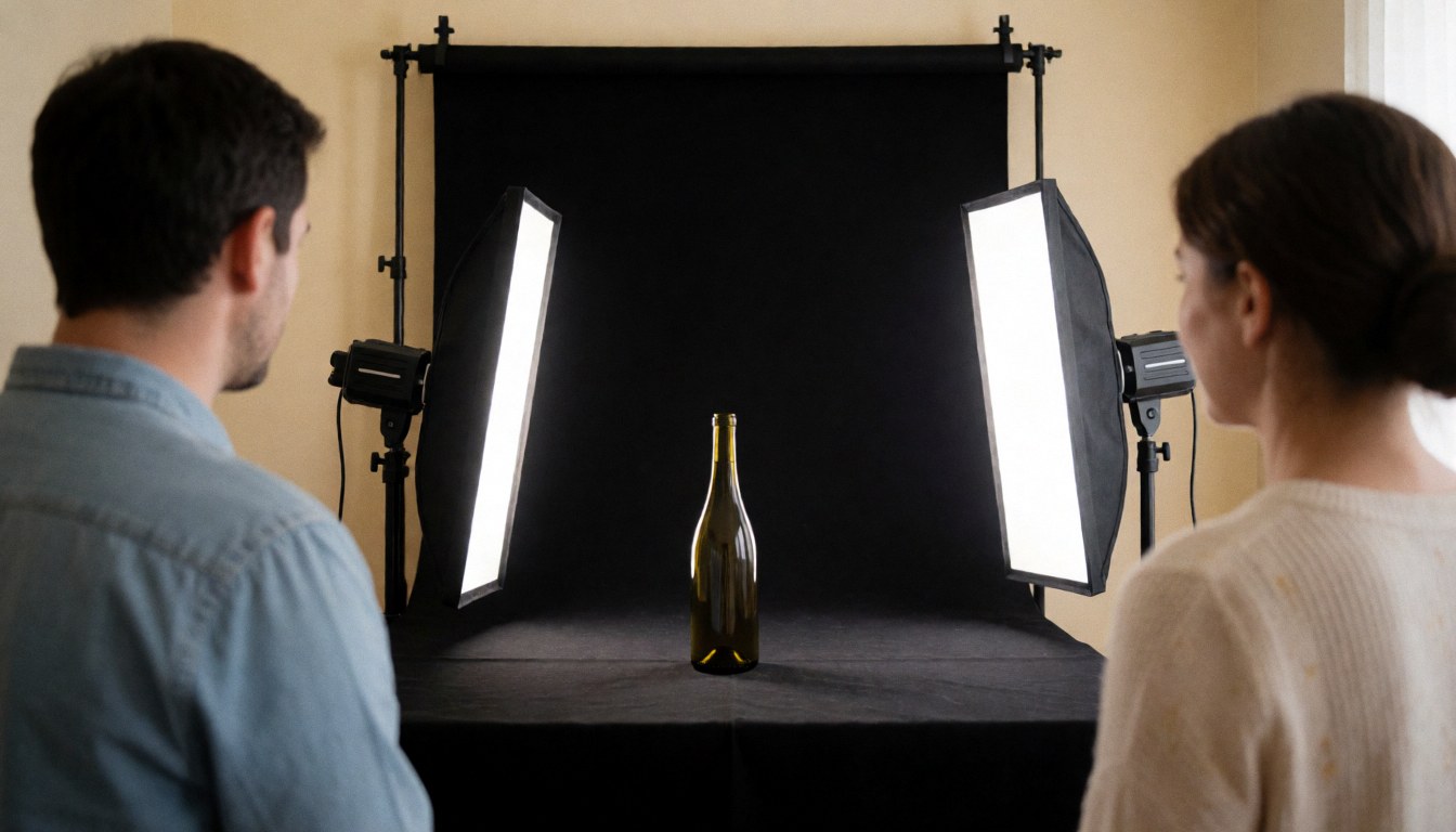Vue arrière de deux individus observant une bouteille de vin dans un studio avec fond noir et éclairage latéral professionnel.