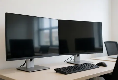 Bureau de travail professionnel avec deux moniteurs noirs éteints, clavier et souris sur fond d'office flou, ambiance propre et ordonnée.