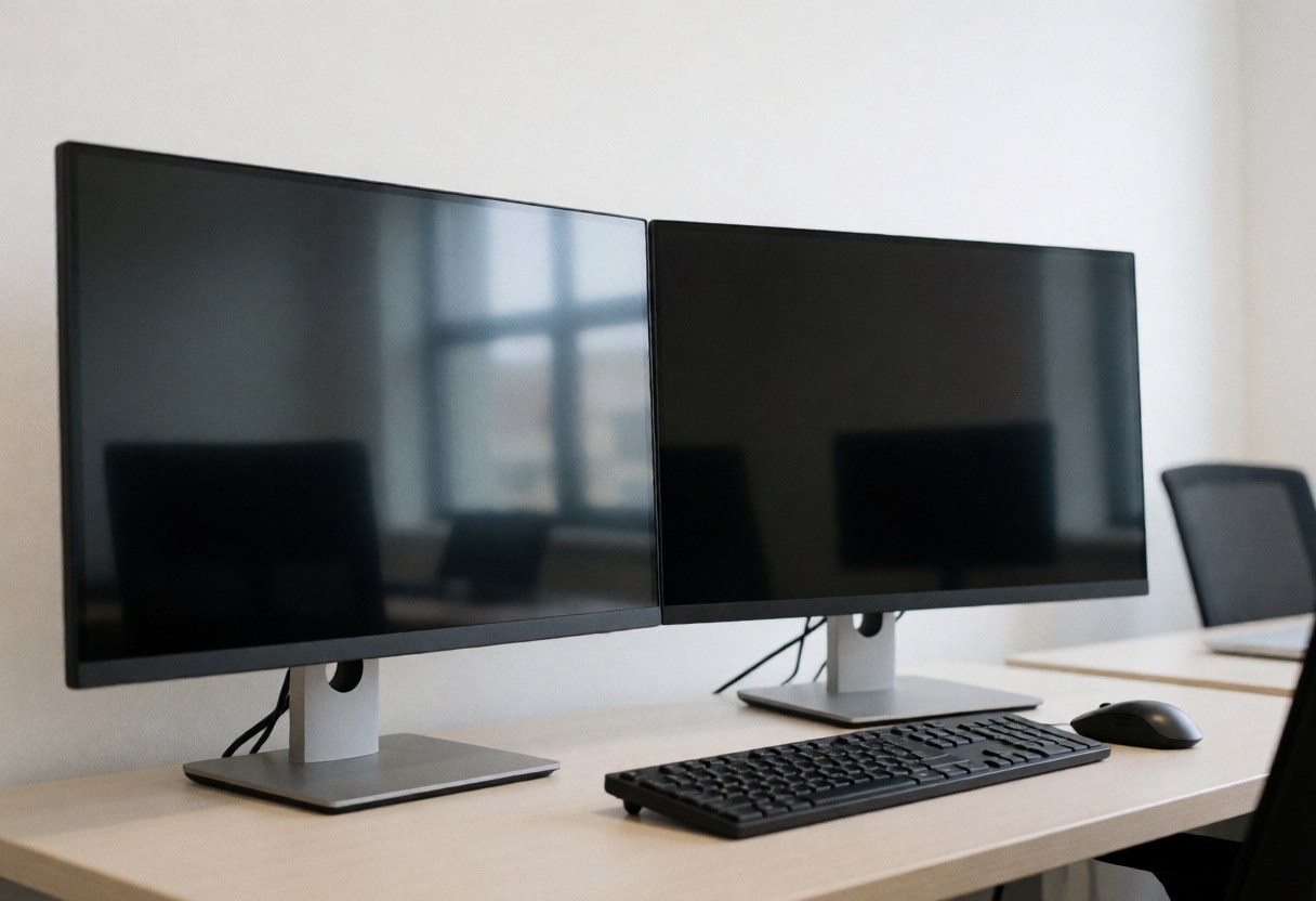 Bureau de travail professionnel avec deux moniteurs noirs éteints, clavier et souris sur fond d'office flou, ambiance propre et ordonnée.