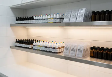Étagère organisée contenant des pigments, des aiguilles et des huiles essentielles dans un environnement propre et stérile, idéal pour les professionnels de l'esthétique.