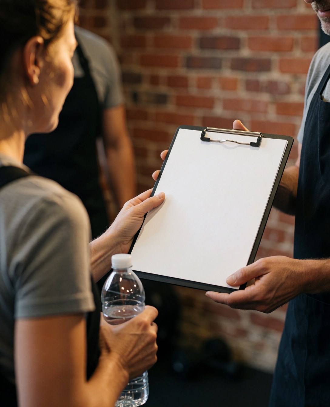 Un entraîneur fitness montre un programme sur une tablette à un client souriant dans un gymnastique avec un mur en briques.