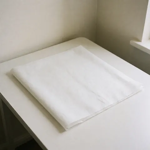 Un chiffon blanc propre et plié posé sur une surface blanche, évoquant l'hygiène et la propreté dans un contexte de soins esthétiques.
