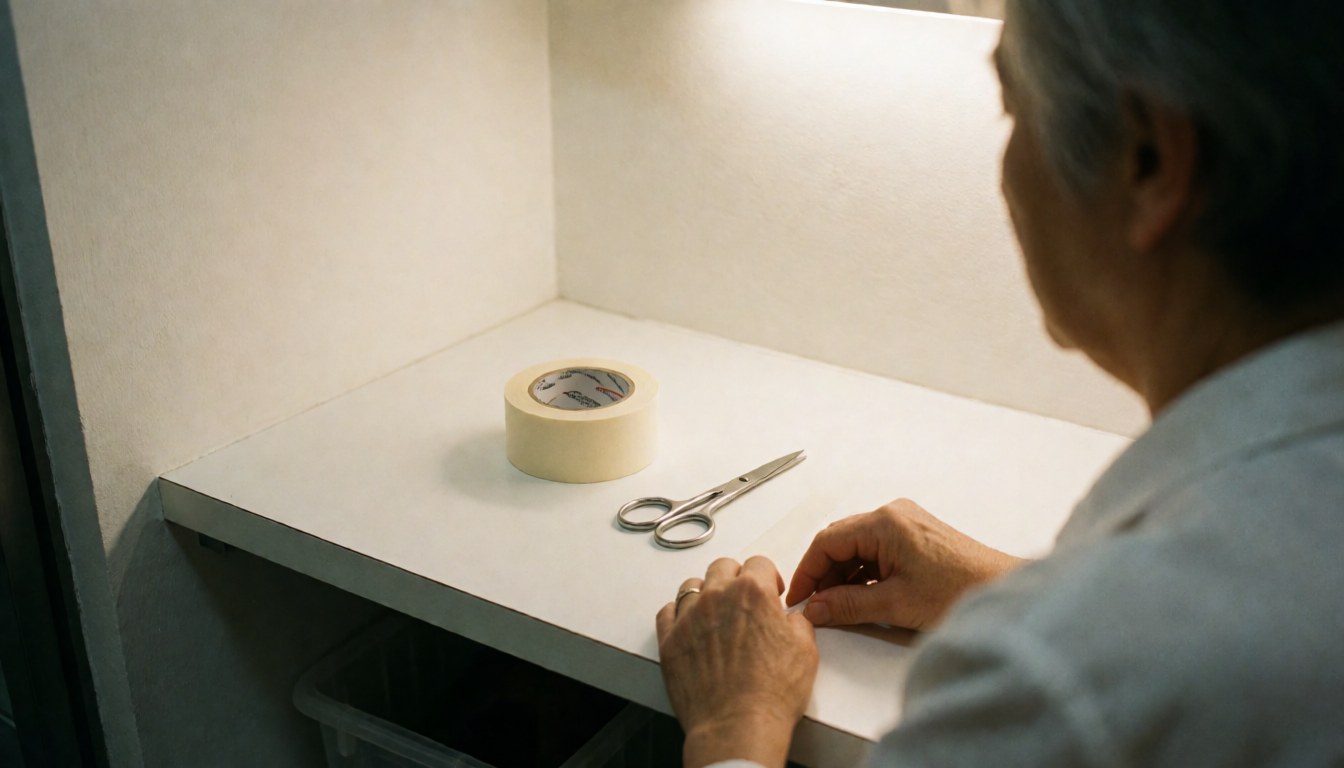 Un professionnel utilise du ruban adhésif et des ciseaux de précision sur un comptoir blanc éclairé par une lumière chaude dans un environnement propre.