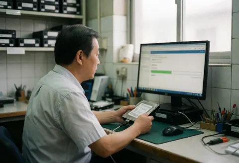 Un technicien examine un disque dur branché sur un ordinateur dans un atelier de réparation. On y voit un bureau avec des outils, des moniteurs et des étagères de rangement sous un éclairage professionnel.
