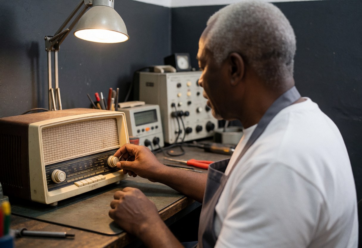 Un technicien en atelier ajuste le cadran d'une radio vintage sous une lumière chaude, avec outils et équipements de diagnostic en arrière-plan.