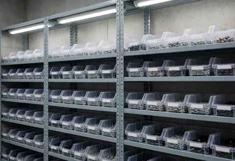 Des étagères en métal contenant des boîtes transparentes remplies de vis et de pièces électroniques, sous un éclairage fluorescent dans un atelier professionnel.
