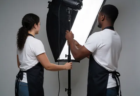 Deux professionnels de la photographie ajustent un grand softbox de lumière dans un studio avec un fond gris, mettant l'accent sur l'équipement et la technique.