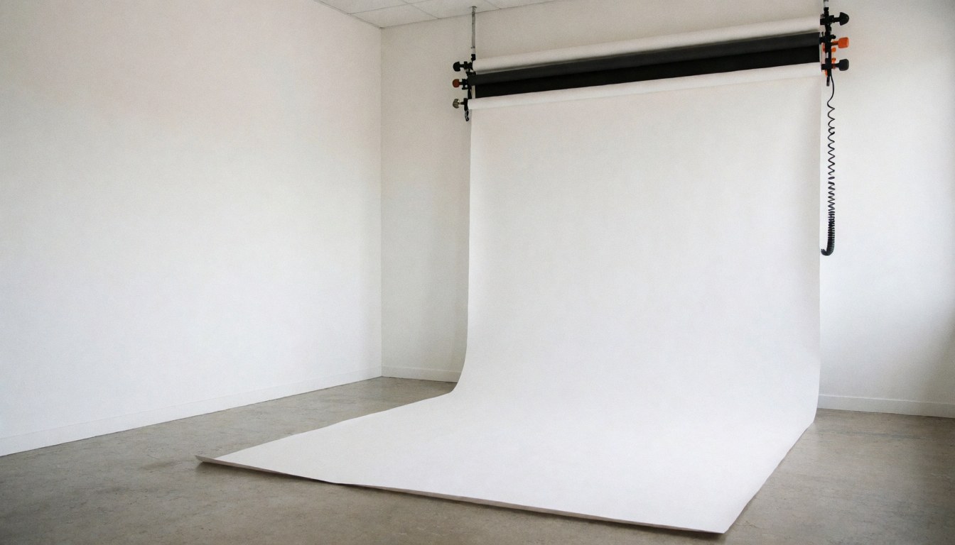 Studio photo vide avec fond blanc tendu au plafond, sol en béton poli et éclairage naturel doux, prêt pour des portraits professionnels.
