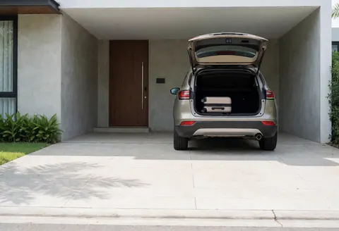 Voiture avec coffre ouvert et valise blanche devant une maison moderne en béton et bois.
