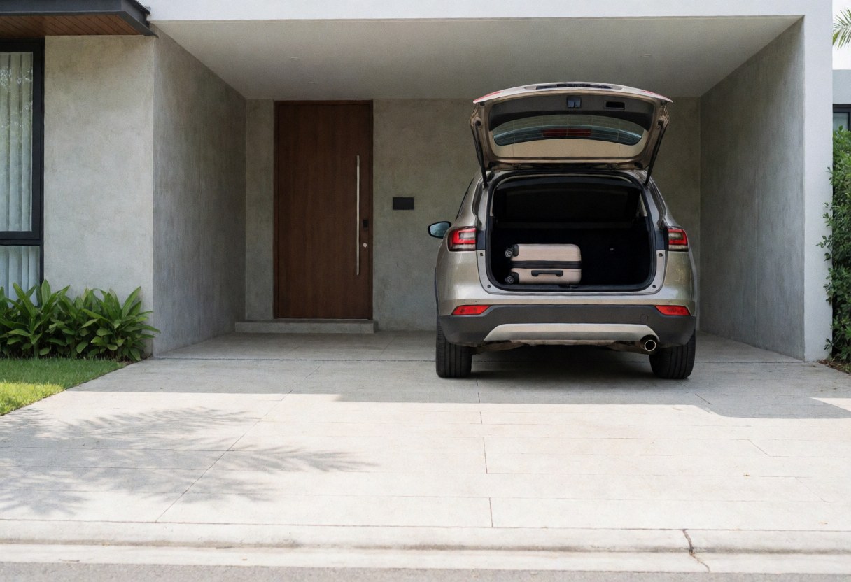 Voiture avec coffre ouvert et valise blanche devant une maison moderne en béton et bois.