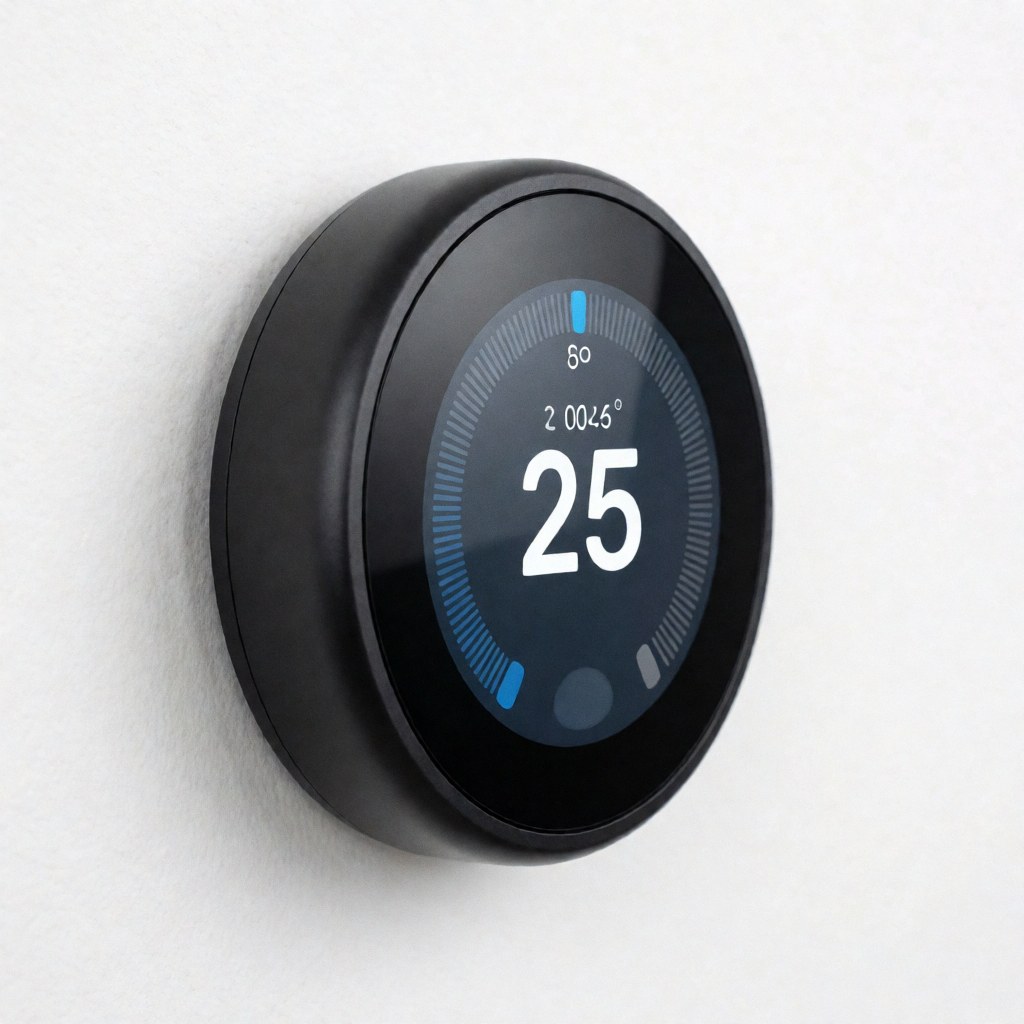 Thermostat digital noir avec écran bleu affichant la température, fixé sur un mur blanc, idéal pour les services de chauffage et de climatisation.
