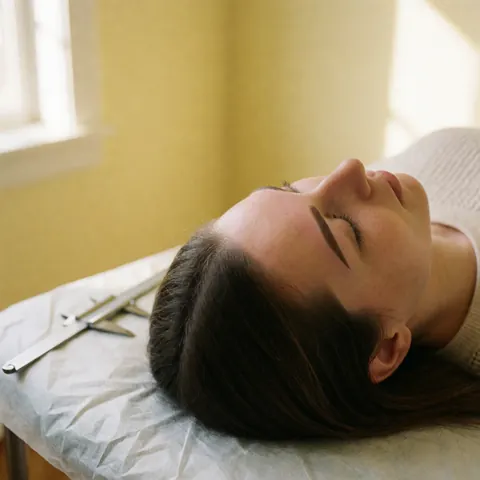Cliente après un traitement de microblading des sourcils, allongée sur une table avec un compas métallique visible, fond jaune et lumière naturelle.