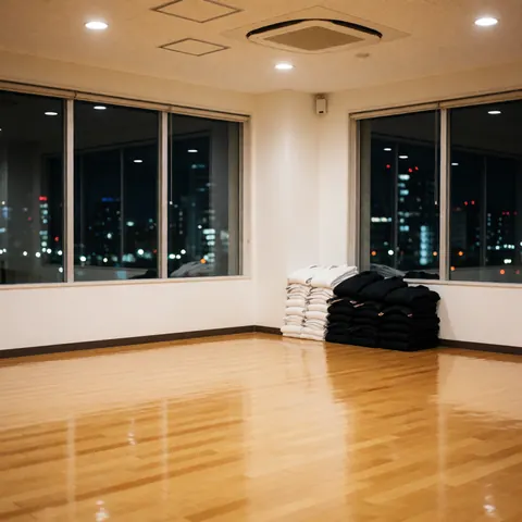 Intérieur d'un dojo en ville, sol en bois poli, ceintures blanches et noires empilées dans un coin, fenêtres offrant une vue sur les lumières nocturnes.