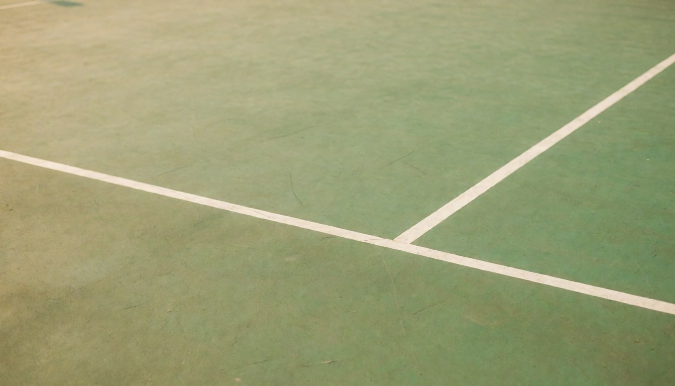 Fond de terrain de sport avec lignes blanches et surface verte, idéal pour textes. Scène calme et propre, parfaite pour les annonces de piscines publiques.