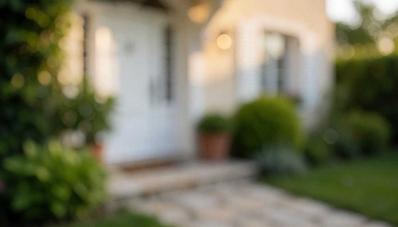 Fond doux d'entrée de villa avec porte blanche, feuillage vert et chemin de pierre, éclairé par la lumière chaude du coucher de soleil, idéal pour superposer du texte.
