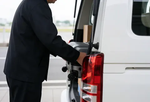 Un chauffeur charge une valise dans le coffre d'une fourgonnette blanche à l'aéroport, illustrant un service de transport professionnel et fiable.