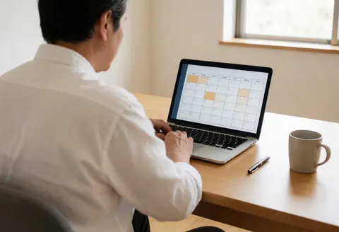 Un homme de dos utilise un ordinateur portable avec un calendrier de réservations affiché, une tasse de café et un stylo posés sur un bureau en bois éclairé par la lumière naturelle.