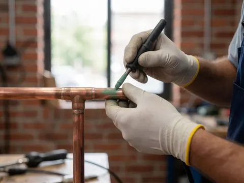 Des mains gantées appliquent du flux vert sur un raccord de tuyau en cuivre dans un atelier avec un mur en briques rouges éclairé par la lumière naturelle.