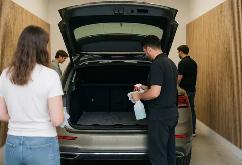 Un professionnel nettoie le coffre d'une voiture dans un garage avec des murs en bois tandis que d'autres clients observent la prestation de service.