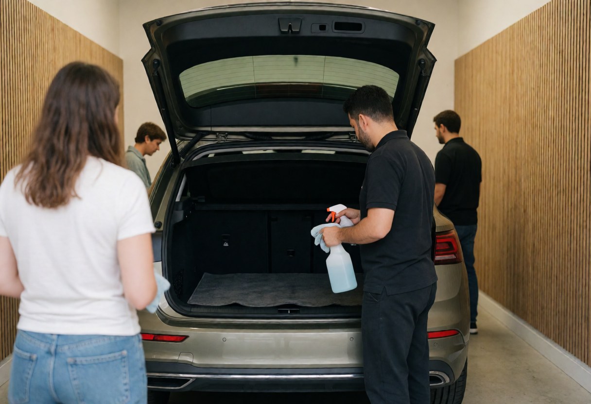 Un professionnel nettoie le coffre d'une voiture dans un garage avec des murs en bois tandis que d'autres clients observent la prestation de service.