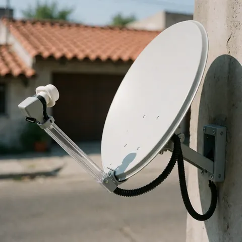 Une antenne satellite blanche montée sur un mur de béton avec un câble noir, dans une rue résidentielle avec des toits en tuiles terracotta.