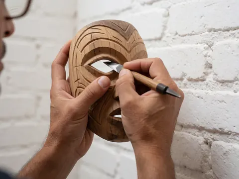 Une main adulte sculpte avec précision l'œil d'un masque en bois aux motifs préhispaniques sur un mur de briques blanches.