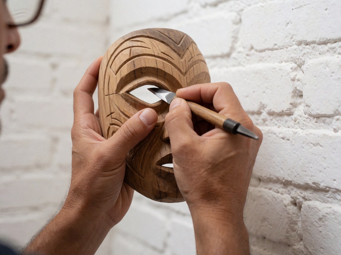 Une main adulte sculpte avec précision l'œil d'un masque en bois aux motifs préhispaniques sur un mur de briques blanches.