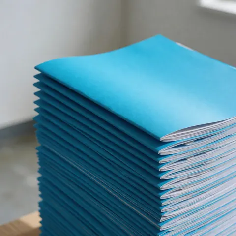 Une pile de brochures imprimées avec une couverture cyan vif, des bords nets et un pliage précis sur un sol gris dans un environnement lumineux.