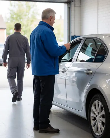 Un mécanicien en atelier remet la clé à un client qui s'apprête à partir dans une voiture argentée, un autre mécanicien marche en arrière-plan, ambiance propre et professionnelle.