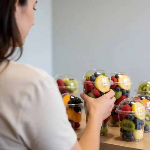 Une cliente tient un fruit frais près d'un comptoir rempli de récipients en plastique avec des fruits, dans un intérieur lumineux aux murs clairs.