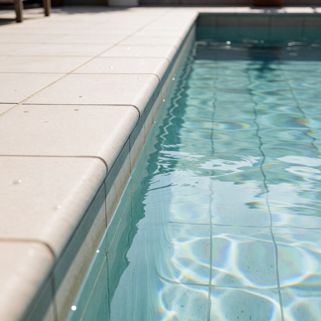 Vue d'une piscine extérieure aux eaux claires bordée d'un deck en carreaux, offrant un cadre moderne et propre pour se détendre au soleil.