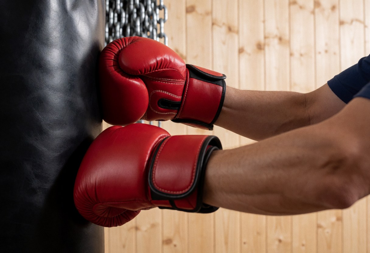 Gros plan sur des mains portant des gants rouges qui impactent un sac de boxe noir, avec des chaînes et un mur en bois en arrière-plan sous une lumière dramatique.