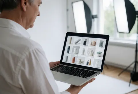 Un photographe professionnel examine des photos de produits sur son écran d'ordinateur portable dans un studio avec éclairage et fond blanc.
