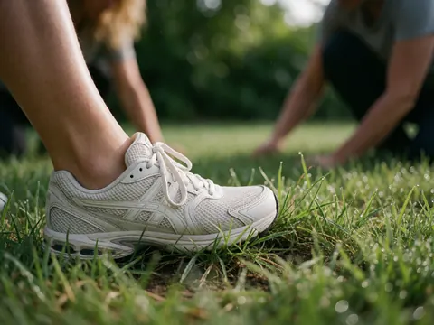 Détail d'une chaussure de sport blanche reposant sur une pelouse humide parsemée de rosée, avec un arrière-plan flou suggérant une activité extérieure.