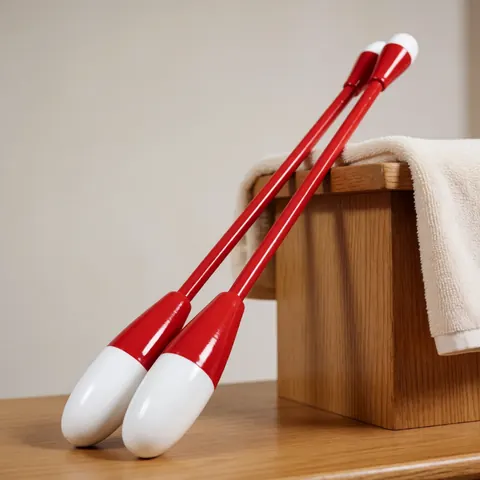Deux clubs de gymnastique rythmique rouges et blancs à la finition brillante posés sur un podium en bois avec une serviette blanche, éclairage doux et fond neutre.