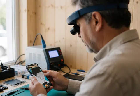 Un technicien en réparation électronique examine attentivement l'écran d'un smartphone à l'aide d'une loupe, entouré d'outils sur une table en bois.