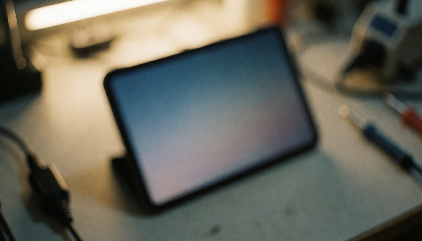 Une tablette avec l'écran éteint posée sur une table de travail, entourée d'outils de réparation et de câbles, baignée d'une lumière chaude et d'un flou artistique en arrière-plan.
