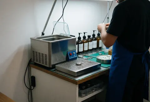 Un technicien portant un tablier bleu effectue des opérations de nettoyage sur une station dédiée aux montres, entouré d'équipements spécialisés.