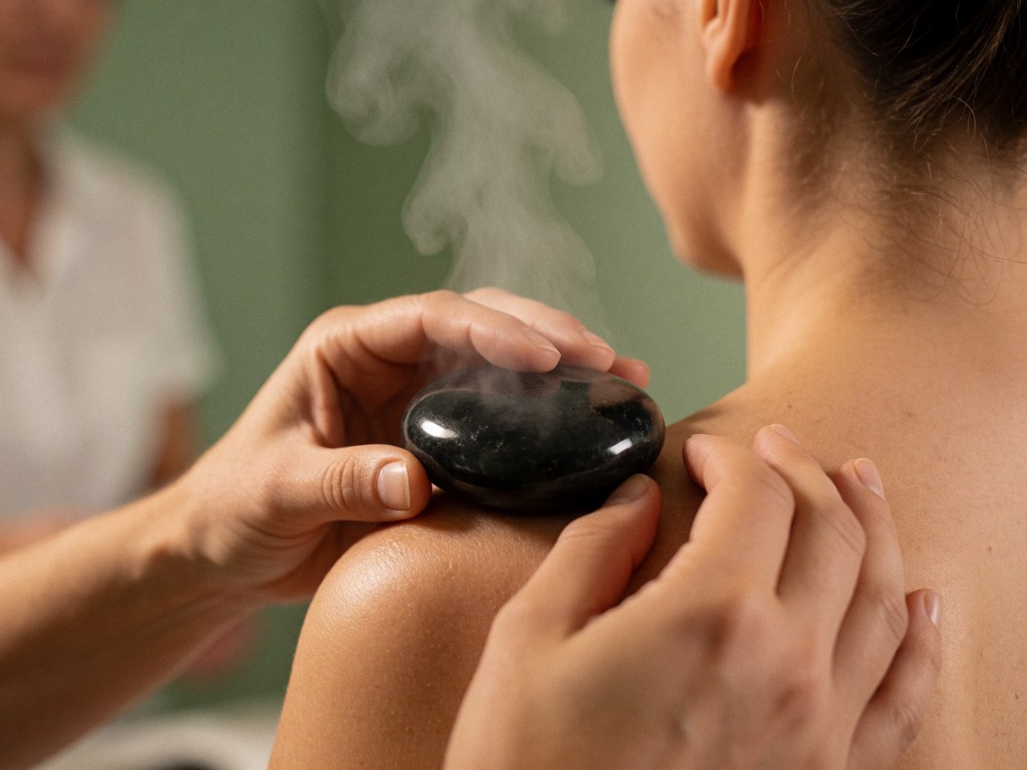Des pierres chaudes posées sur une épaule dégagée, de la vapeur s'élevant doucement, des mains effectuant un massage thérapeutique sur un fond vert flou.