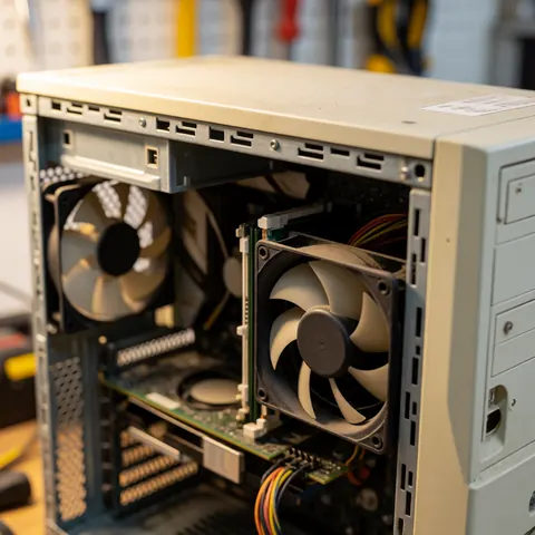 Ordinateur beige au panneau ouvert révélant les ventilateurs et composants internes couverts de poussière, éclairage chaud dans un atelier de réparation électronique.