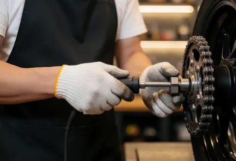 Mécanicien portant des gants nettoie la chaîne d'une moto dans un atelier avec un outil spécialisé, fond flou et lumière chaude.