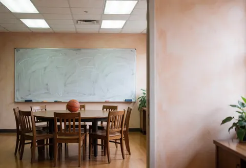 Salle de stratégie vide avec tableau blanc, chaises en bois et ballon de basket sur la table centrale. Murs en terre cuite et sol en bois poli.
