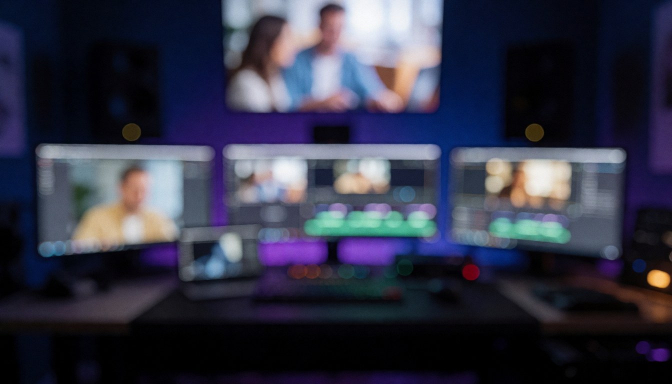Arrière-plan flou de studio professionnel d'édition avec plusieurs moniteurs et lumières bleues et violettes pour textes numériques.