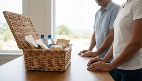 Deux personnes debout à côté d'un panier en osier ouvert contenant de l'eau et des collations sur une table en bois près d'une fenêtre.