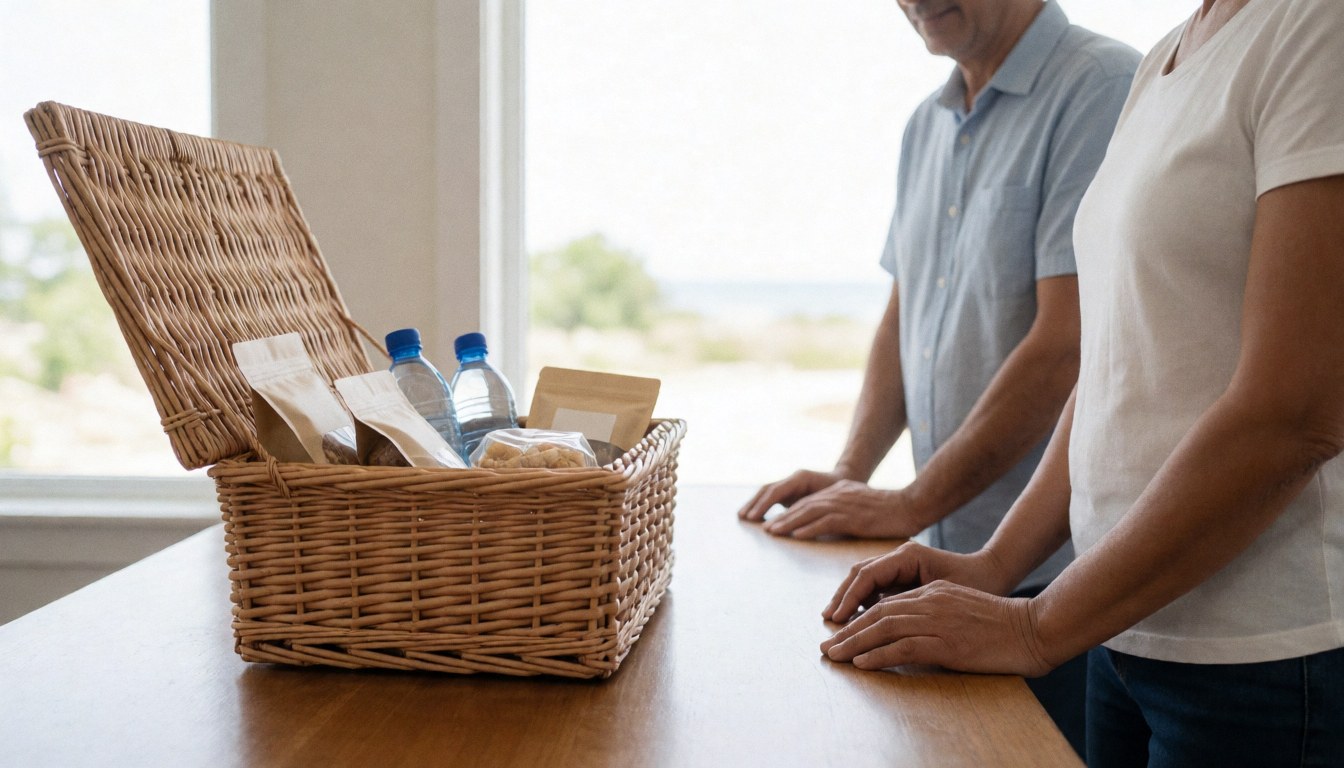 Deux personnes debout à côté d'un panier en osier ouvert contenant de l'eau et des collations sur une table en bois près d'une fenêtre.