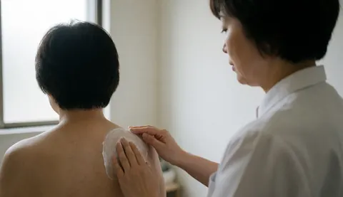 Un thérapeute applique une crème sur l'épaule d'un client dans un cadre professionnel, illustrant une séance de massage.