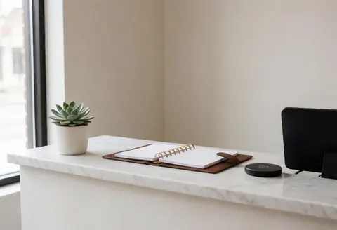 Un bureau en marbre blanc accueille une plante en pot blanc, un carnet en cuir marron et un chargeur sans fil noir dans un studio de microblading.