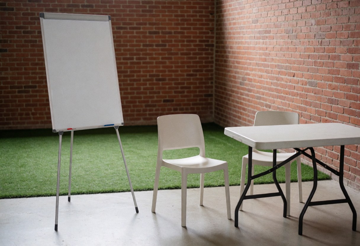 Espace de travail pour entraîneurs avec tableau blanc, chaises et table posés sur une pelouse synthétique devant un mur en briques.