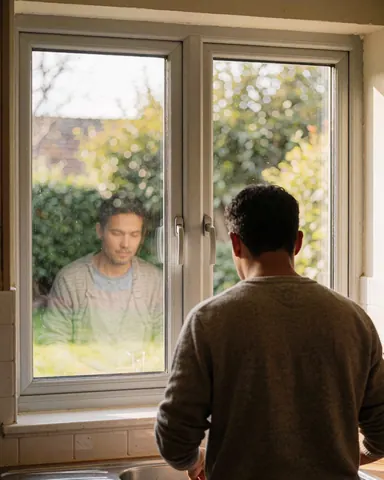 Un client regarde une fenêtre double en aluminium dans sa cuisine avec un jardin vert flou à l'extérieur.